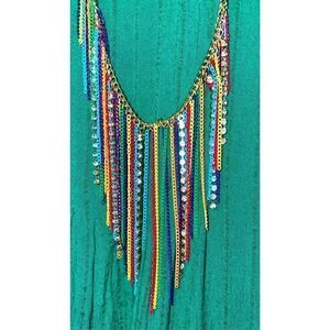 Vintage Multi Colored Chain Fringe and CZ Boho Necklace… Rare!